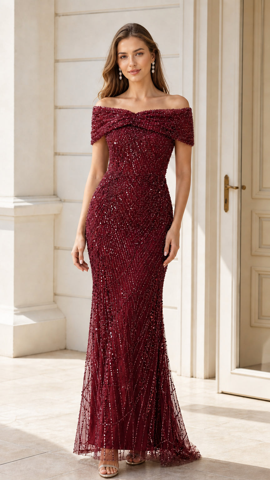 Front view of burgundy red off-the-shoulder sequin evening gown