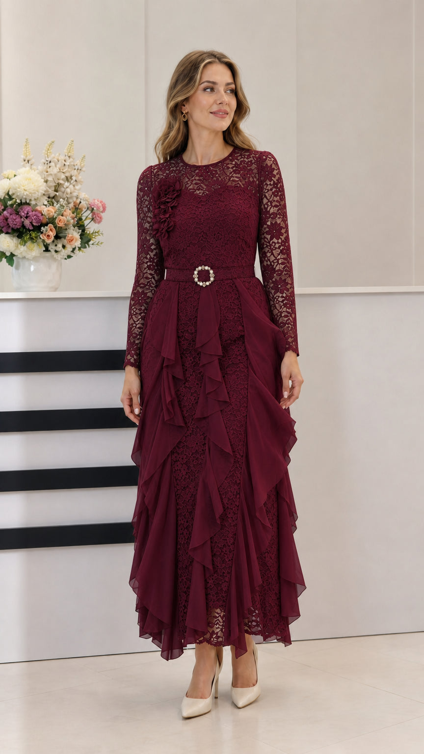 Burgundy wine long sleeve lace belted formal gown with ruffle skirt