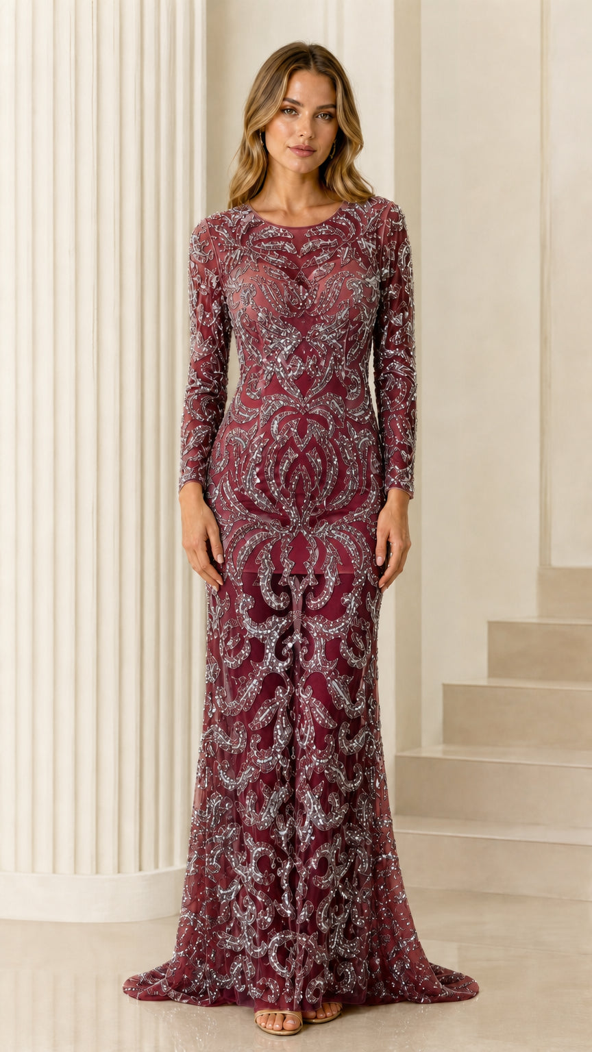 Burgundy wine long sleeve sequin illusion maxi evening dress