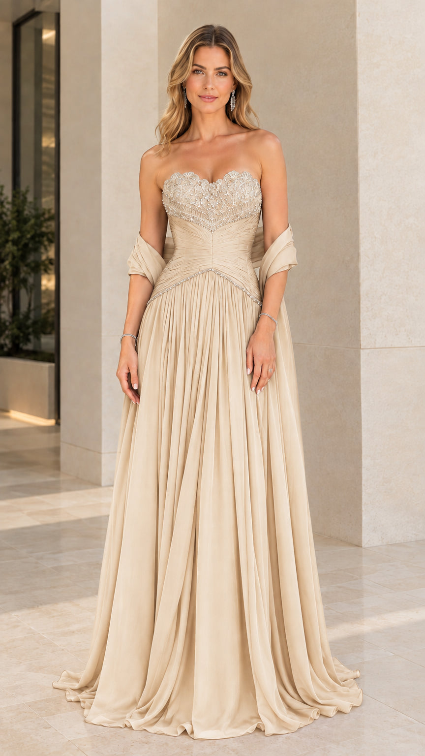 Front view of model wearing Champagne strapless embroidered chiffon evening dress with matching shawl