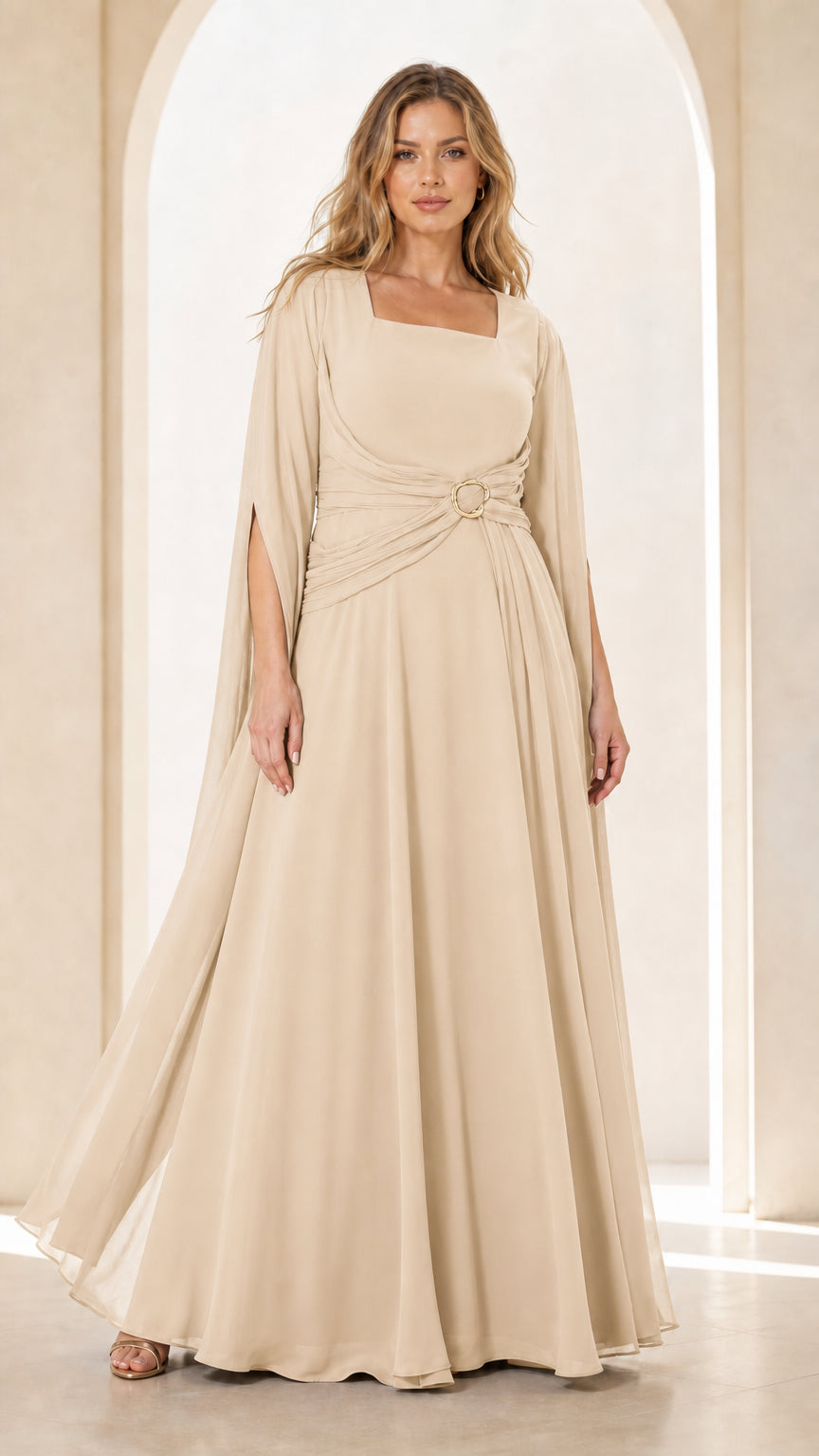 Front view of Champagne beige square neck evening gown with cape sleeves