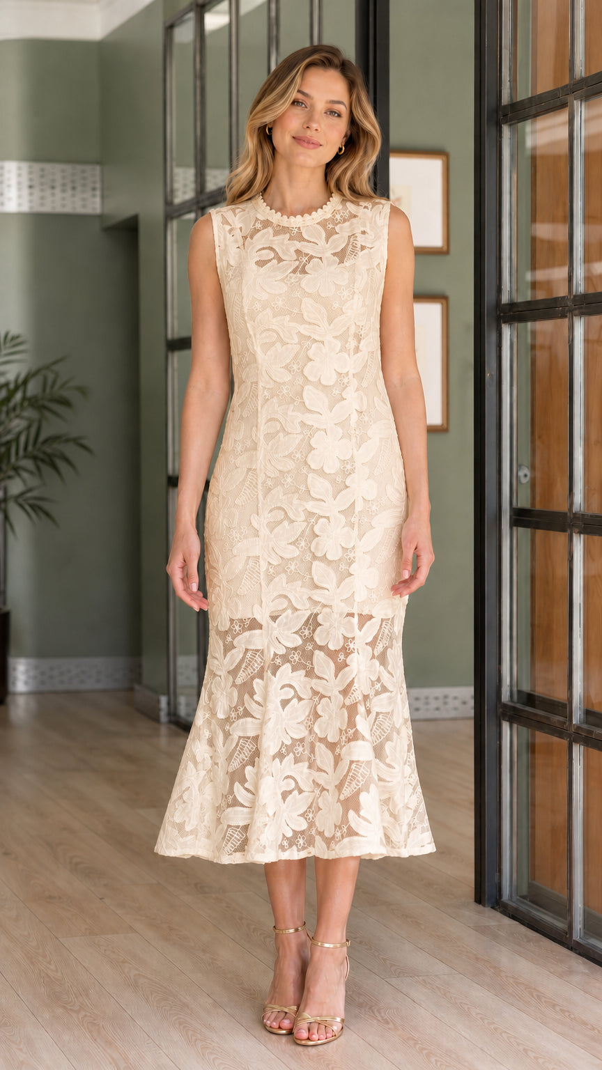 Front view of model wearing champagne beige sleeveless lace mermaid midi dress
