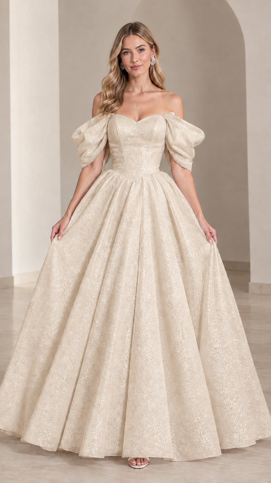 Champagne gold off-the-shoulder sparkle ball gown