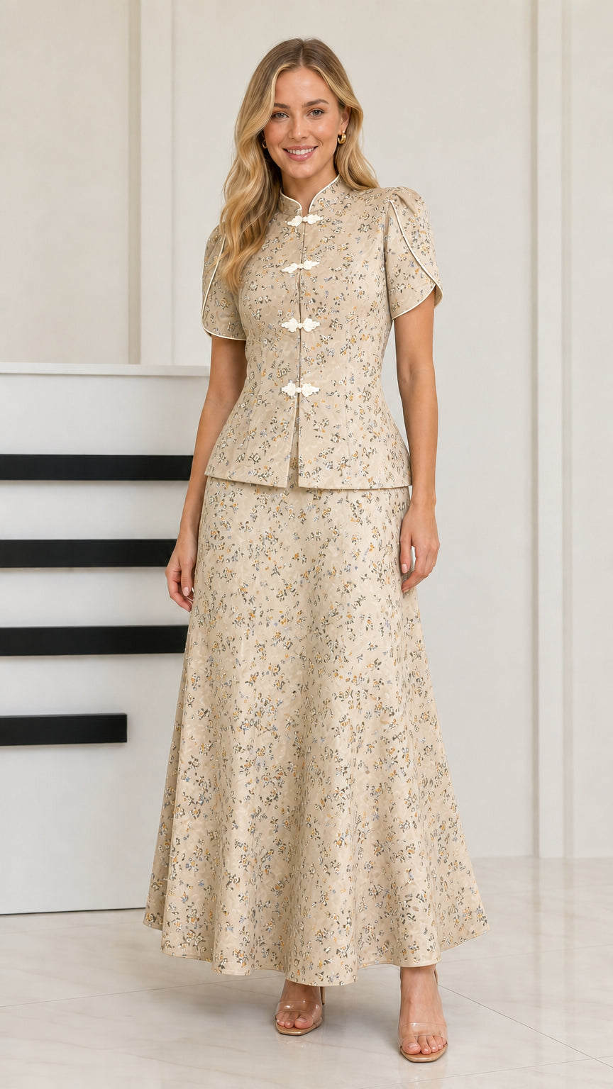 Beige floral print Mandarin collar two-piece maxi set