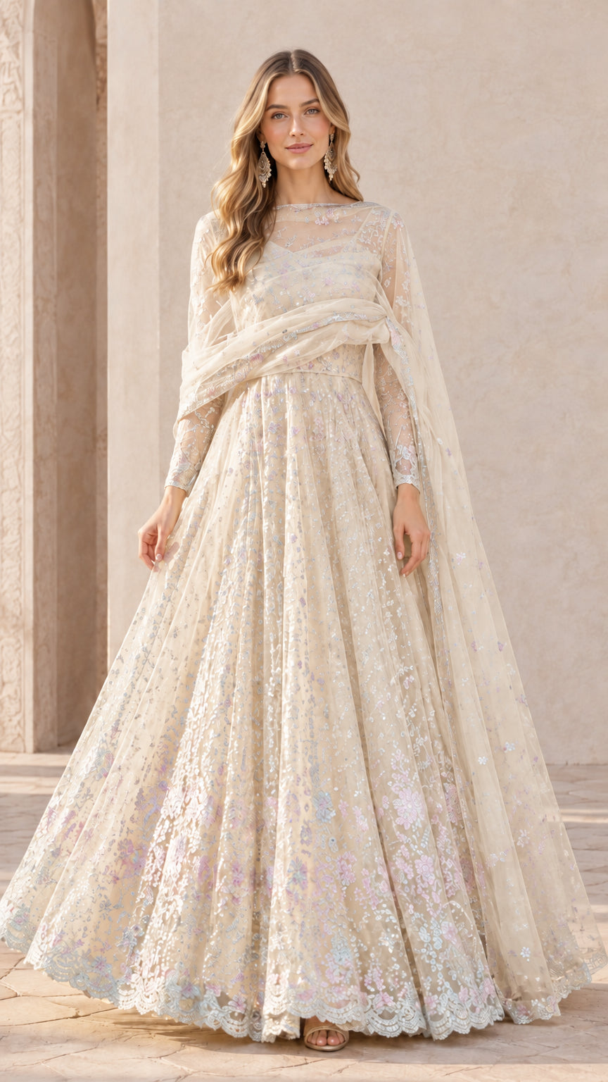Champagne beige floral embroidered floor-length formal gown