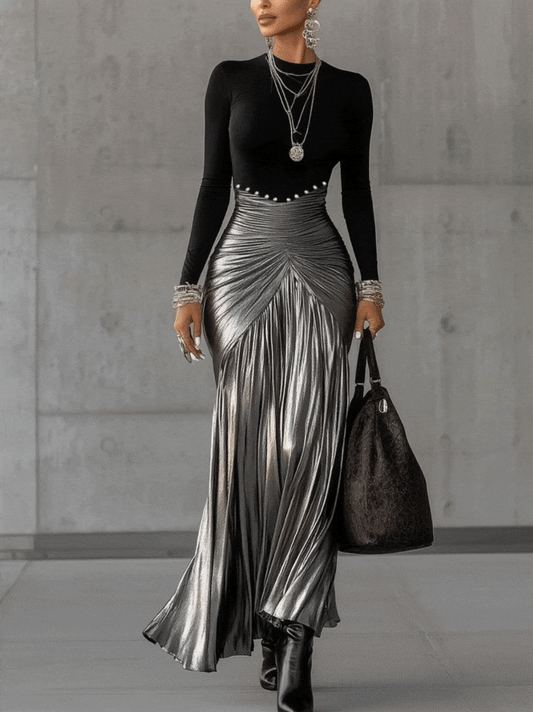 24-Hour-Shipping Black Round Neck Metallic Silver Pleated Maxi Dress