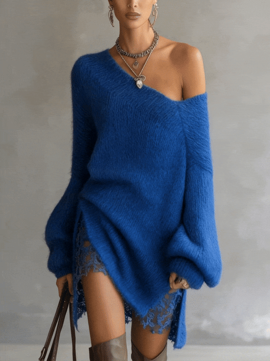 24-Hour-Shipping Blue Off‑Shoulder Mohair Sweater Dress With Lace Hem