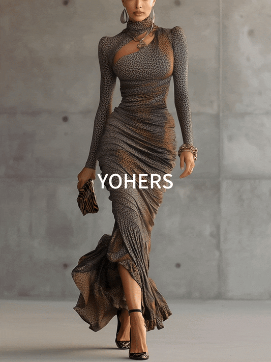 24-Hour-Shipping Brown Leopard Print Pleated Cutout Maxi Dress