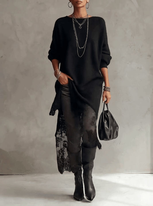 24-Hour-Shipping Black Loose Fit Mohair Knit Midi Dress With Lace Hem