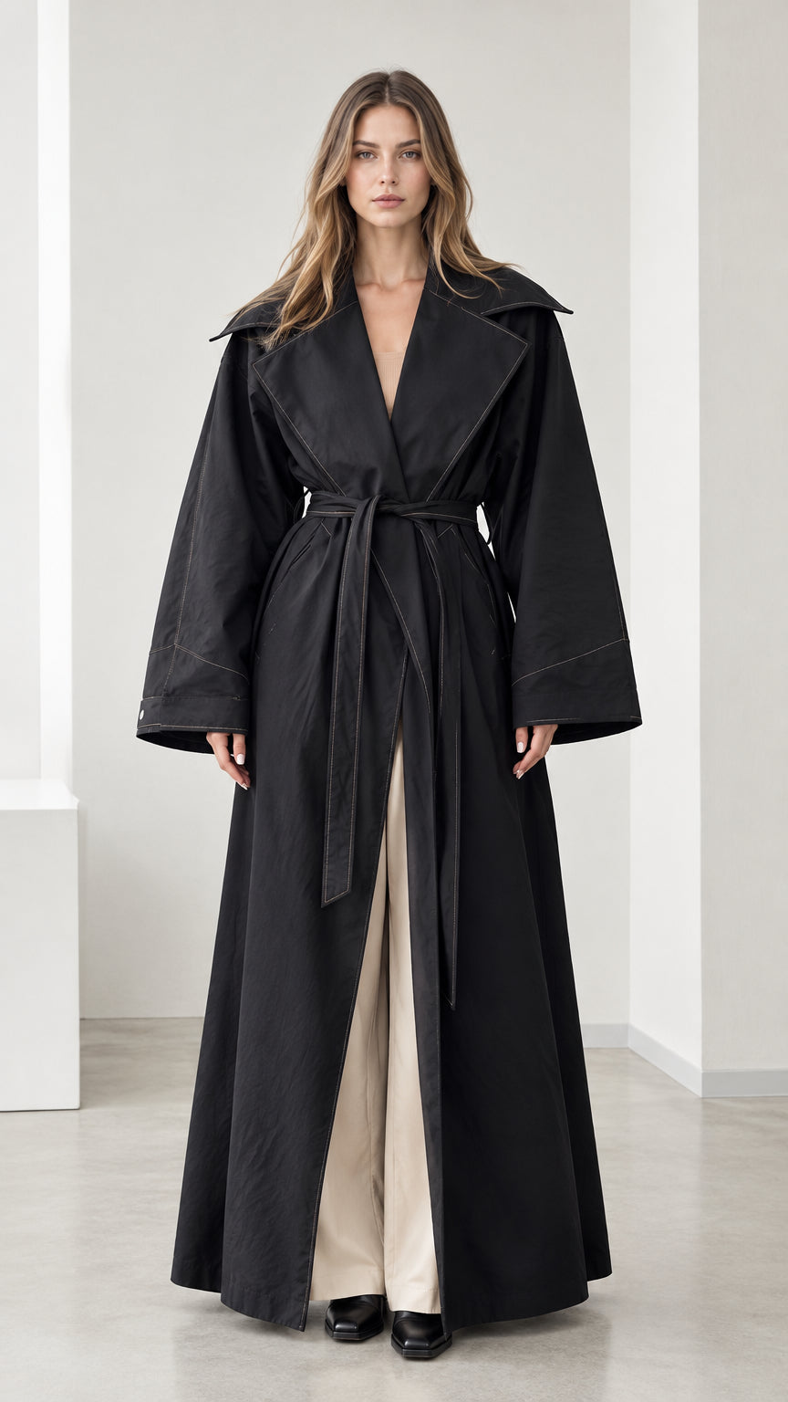 Front view of woman wearing black oversized collar maxi trench coat with belt