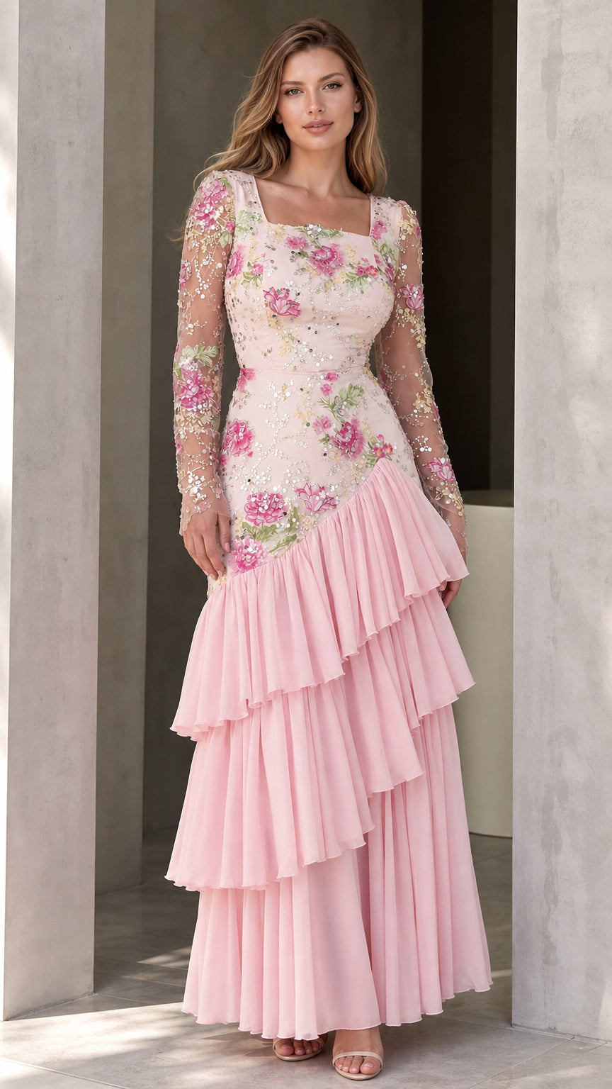 Front view of woman wearing pink square-neck floral embroidered sequin maxi dress with tiered ruffle skirt