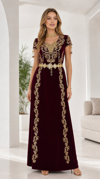 Full front view of model wearing burgundy gold embroidered evening maxi dress