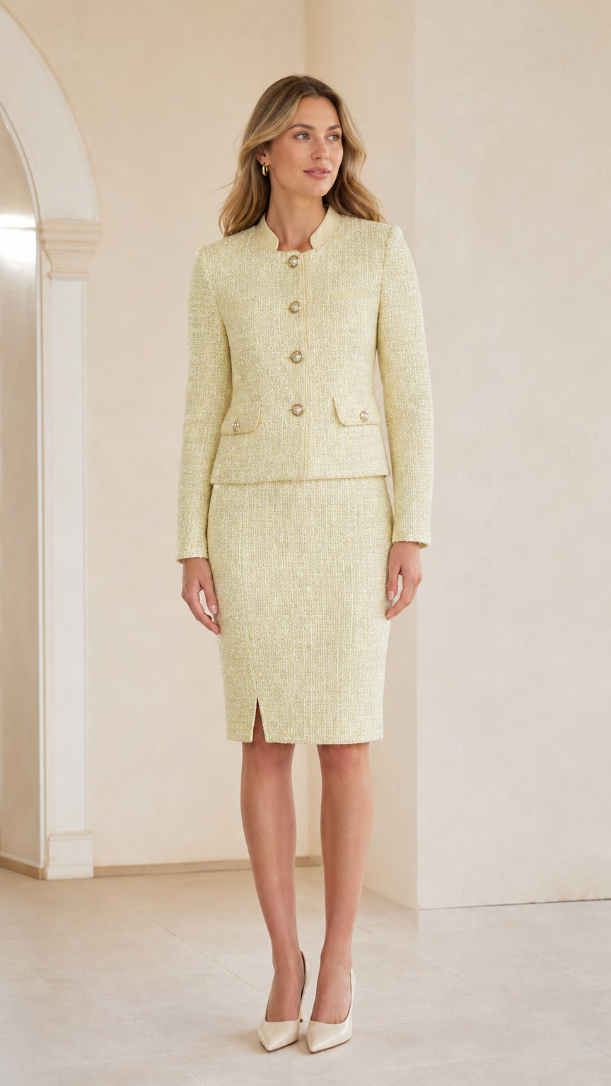 Front view of woman wearing light yellow tweed jacket and pencil skirt suit set
