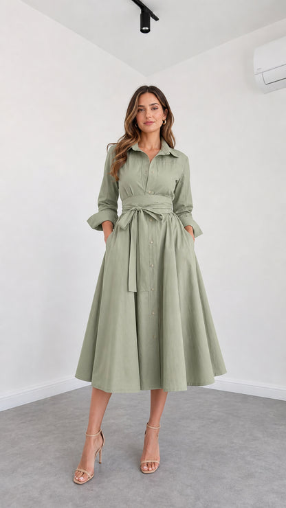 Front view of model wearing Sage Green button-down belted midi shirt dress