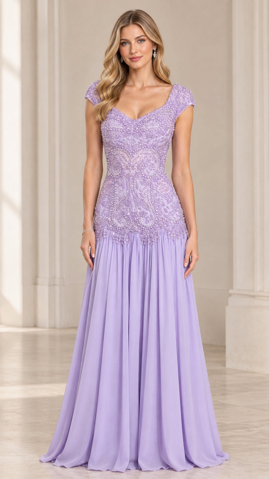 Front view of woman wearing lavender cap sleeve beaded lace drop waist maxi gown