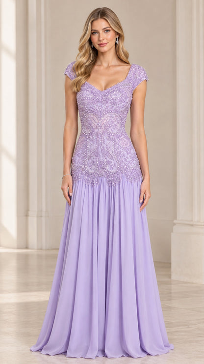 Front view of woman wearing lavender cap sleeve beaded lace drop waist maxi gown
