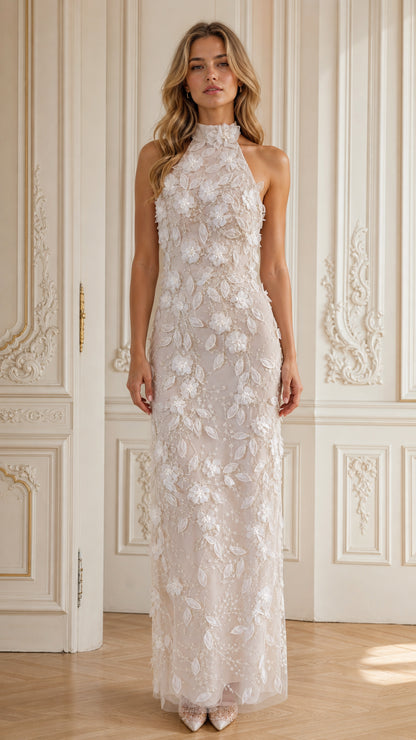 Ivory 3D floral applique halter maxi evening gown front view