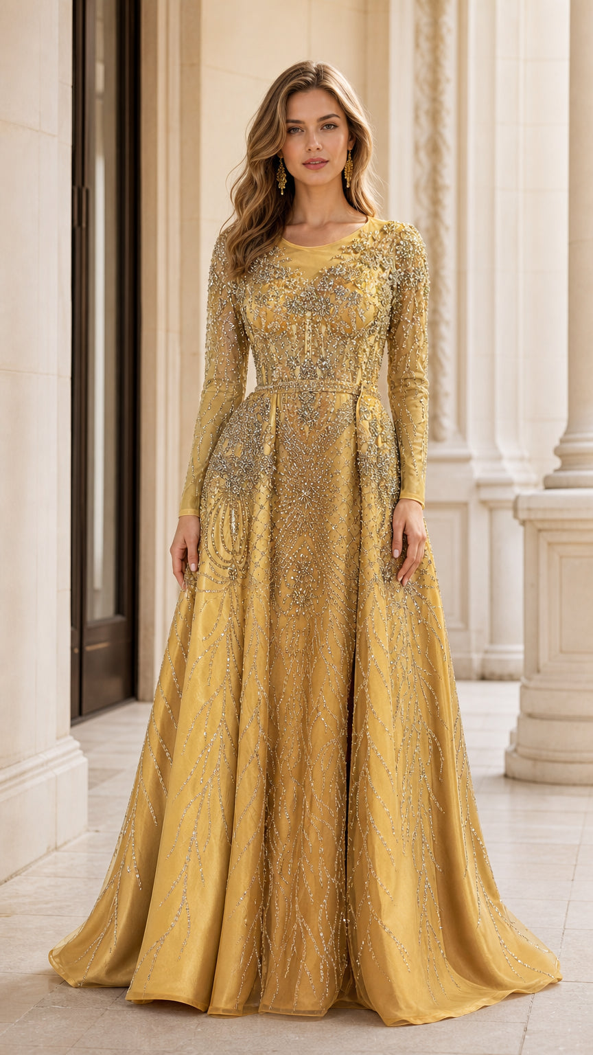 Front full-length view of model wearing gold beaded long sleeve A-line evening gown