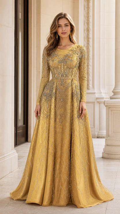 Front full-length view of model wearing gold beaded long sleeve A-line evening gown