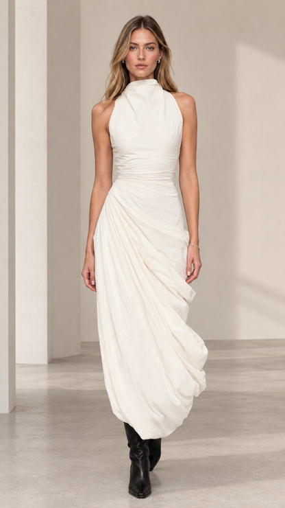 Front view of model wearing ivory sleeveless high neck ruched draped maxi dress