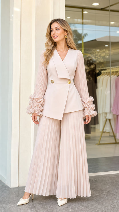 Blush pink asymmetrical wrap blazer and pleated wide-leg pant set front view