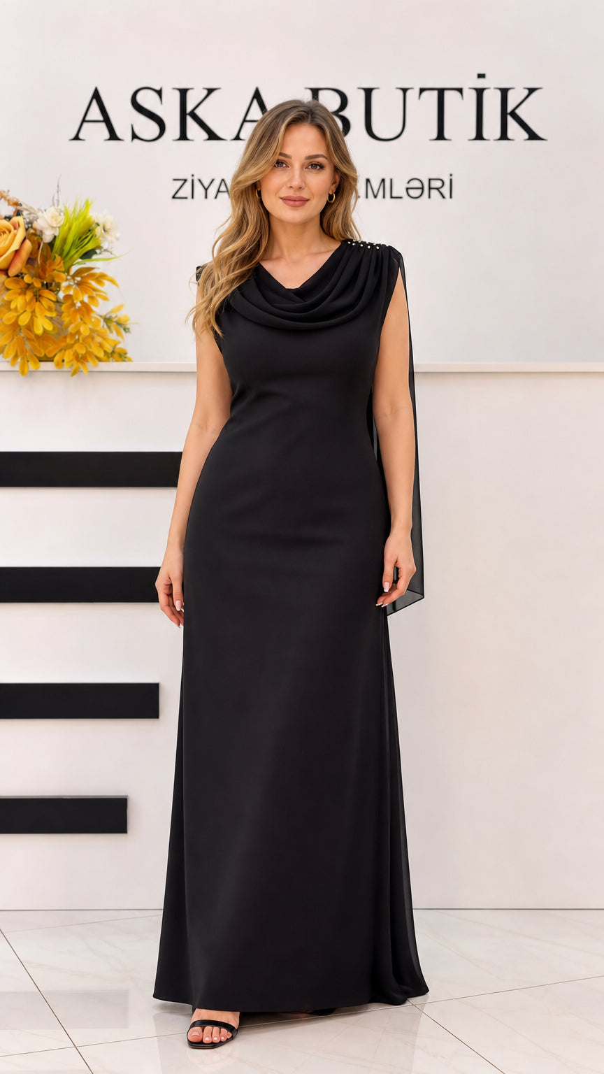 Front view of black cowl neck sleeveless formal evening maxi dress