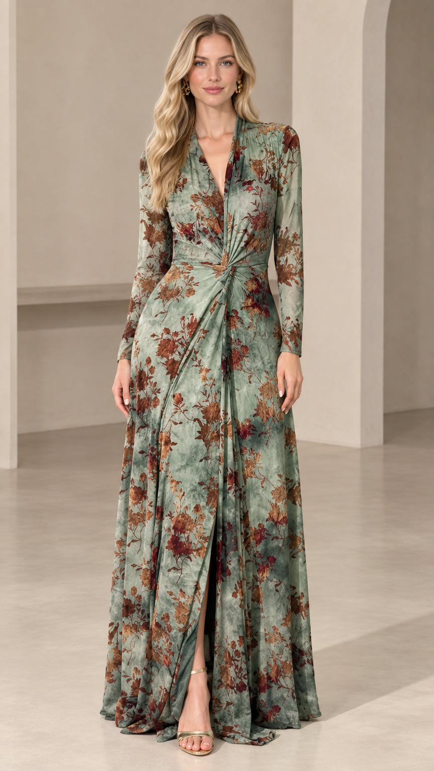 Front full view of woman wearing sage green floral long sleeve twist-front maxi dress