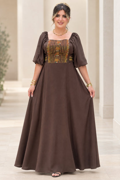 Full front view of brown embroidered square neck puff sleeve maxi dress