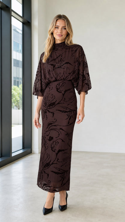 Front view of Dark Brown mock neck sequin floral maxi dress