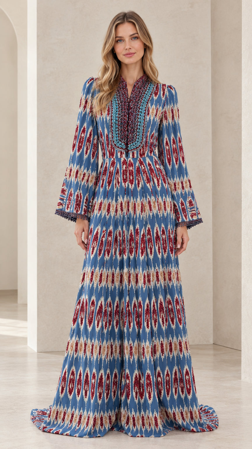 Full front view of blue boho ikat print long sleeve maxi dress with beaded neckline