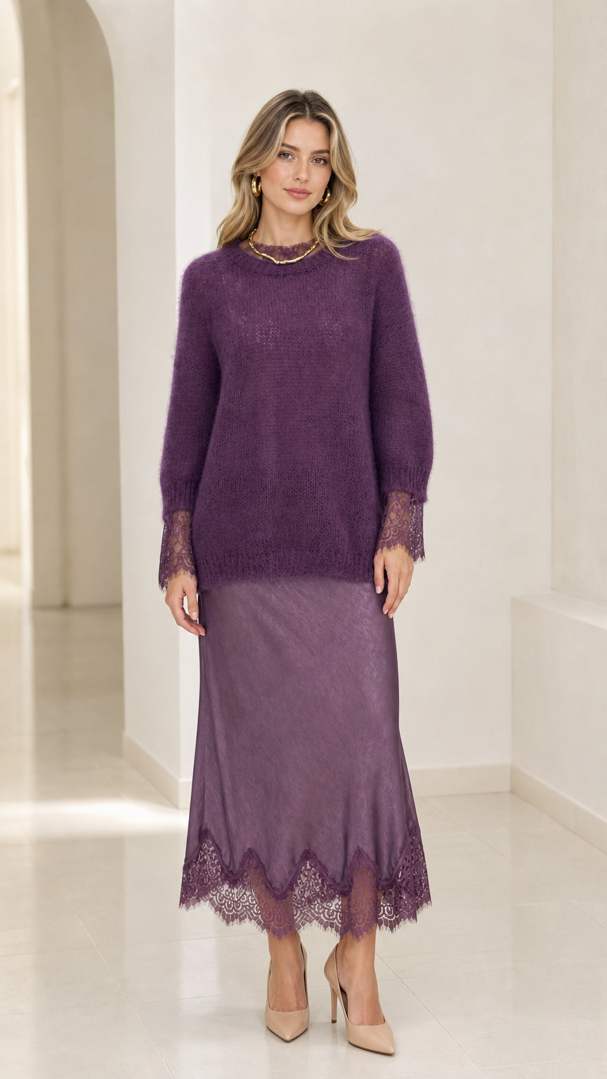 Purple fuzzy knit sweater and lace hem midi skirt set front view