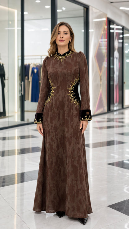 Front full view of brown textured long sleeve maxi dress with embroidered velvet trim