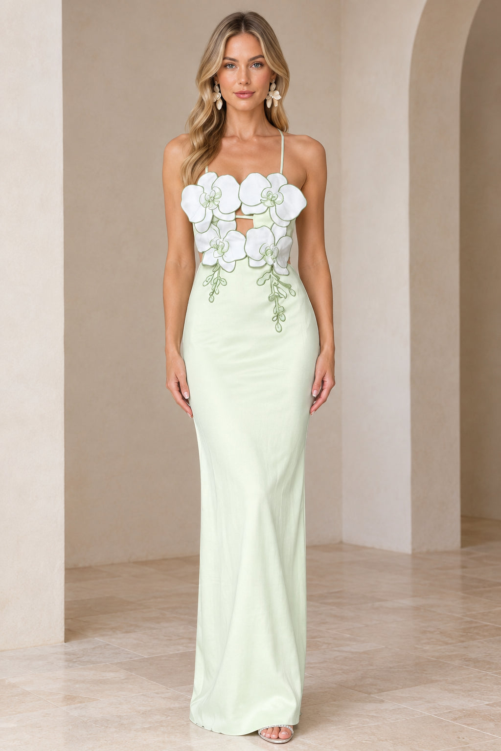 Front view of model wearing Mint Green 3D floral applique cutout maxi dress