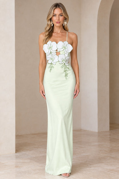 Front view of model wearing Mint Green 3D floral applique cutout maxi dress