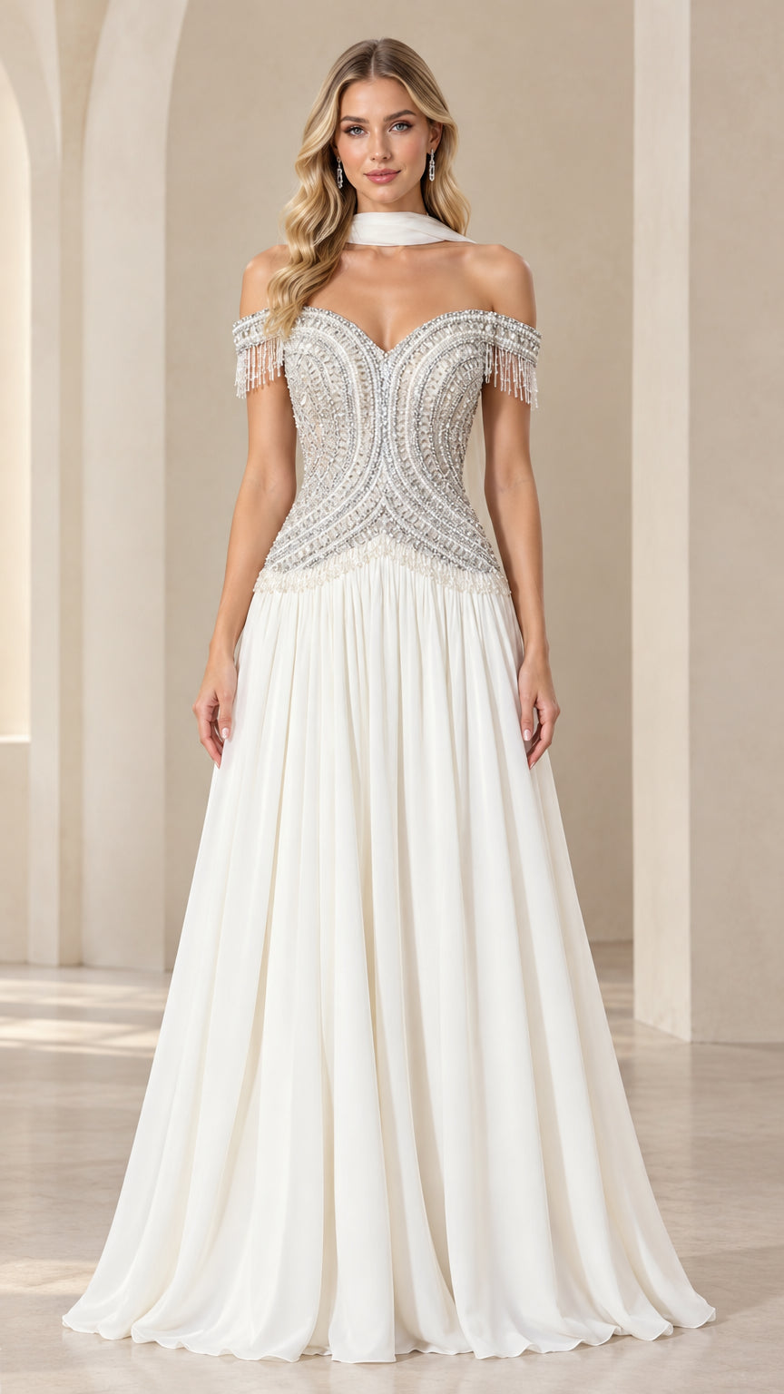 White off-shoulder beaded corset evening gown with flowing A-line skirt front view