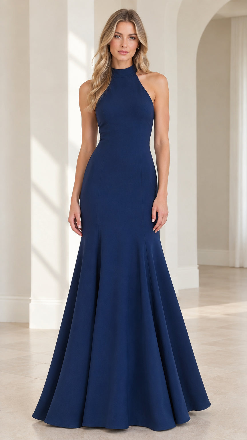 Front view of model wearing Navy Blue halter neck mermaid evening gown
