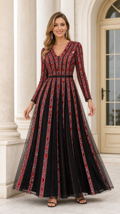 Model wearing Black and Red embellished long sleeve V-neck tulle evening gown front view