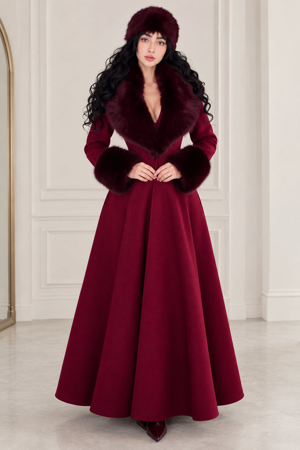 Front view of woman wearing elegant burgundy maxi swing coat with faux fur collar and cuffs