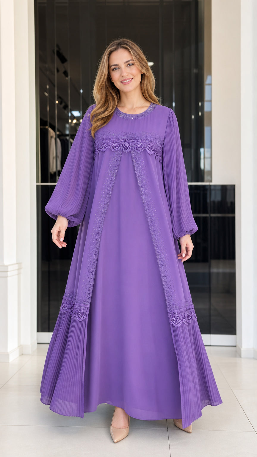 Front full-length view of woman wearing purple pleated long sleeve modest maxi dress