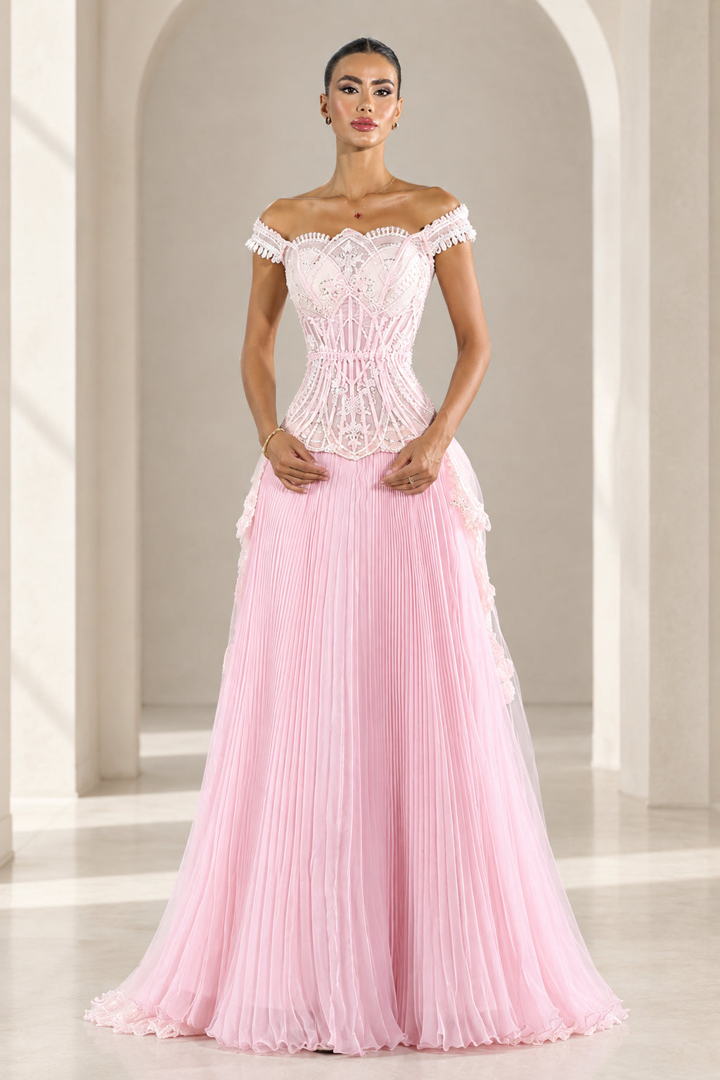Front view of Blush Pink off-the-shoulder pleated corset evening gown