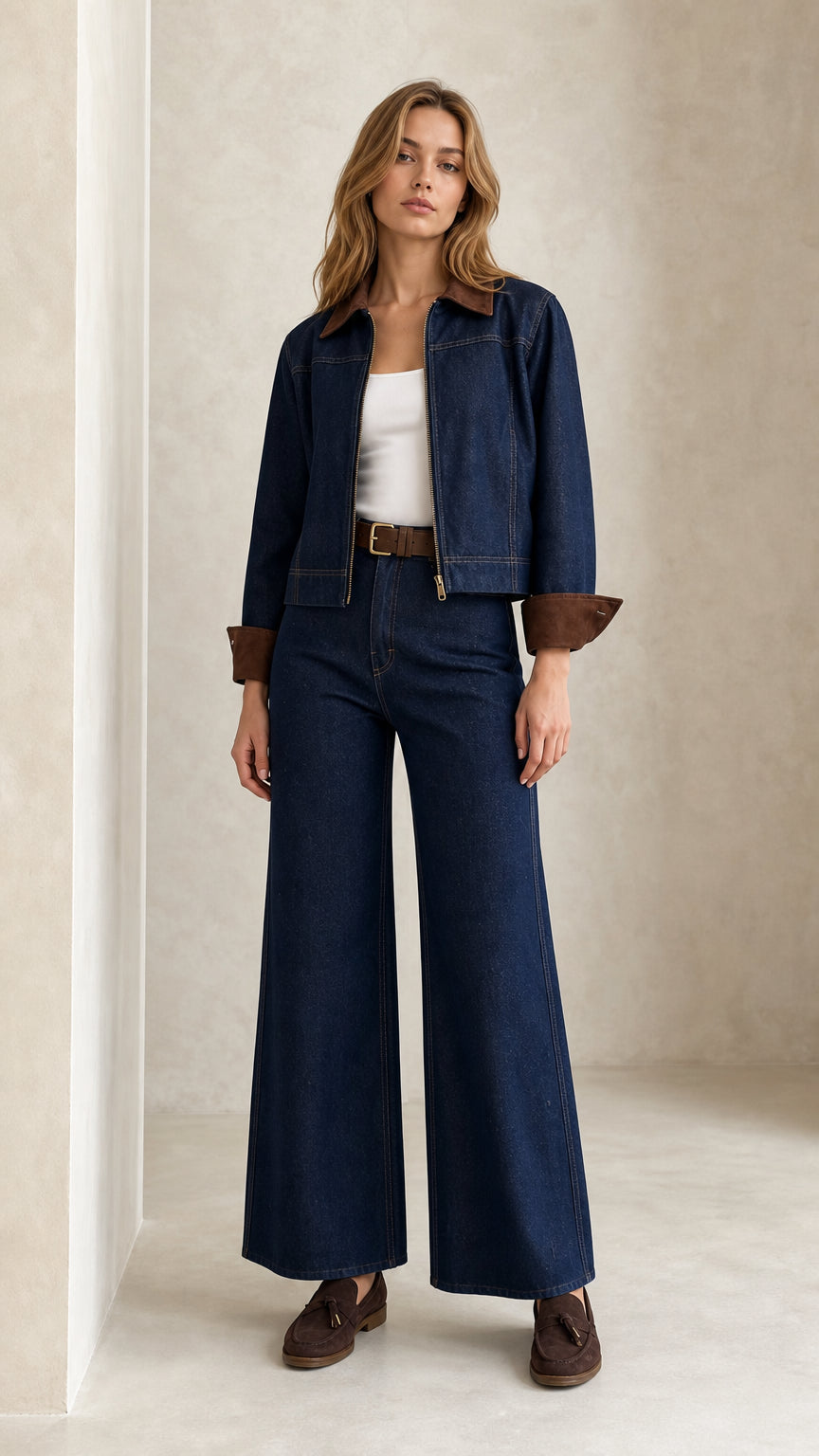 Front view of model wearing Indigo Blue cropped denim jacket and matching wide leg pants