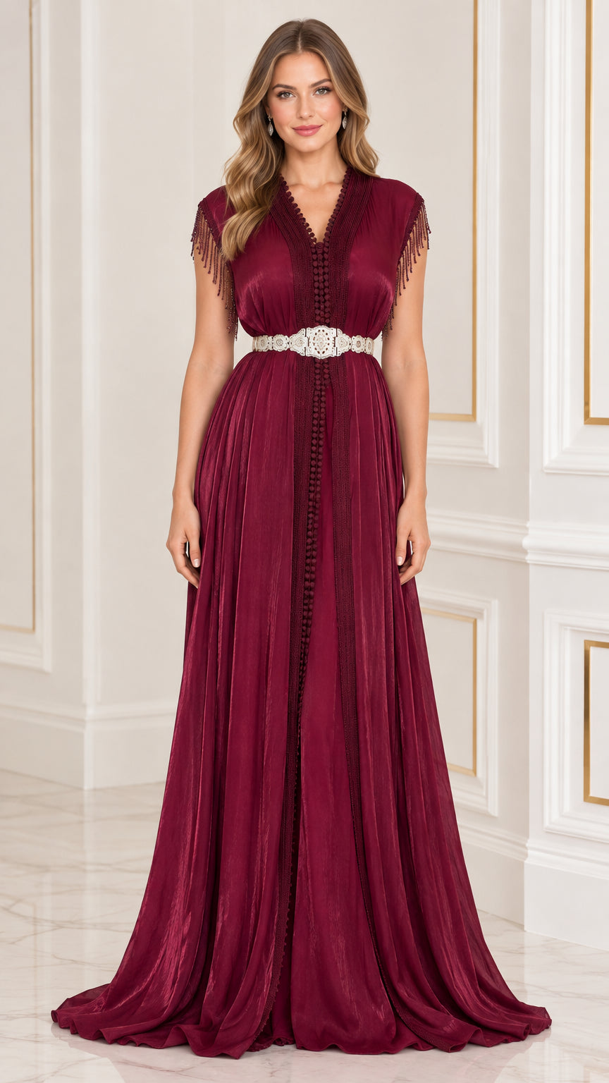 Burgundy pleated kaftan maxi dress with crystal embellished belt and fringe sleeves front view