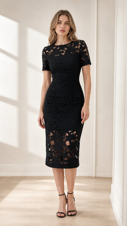 Front view of model wearing black floral lace short sleeve midi dress