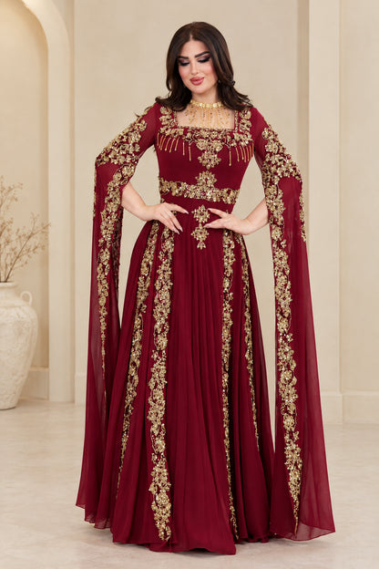 Burgundy embroidered cape sleeve maxi evening gown front view
