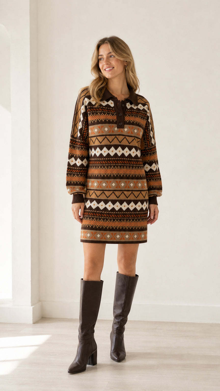 Front full-length view of model wearing brown geometric pattern polo neck sweater dress with tall black boots
