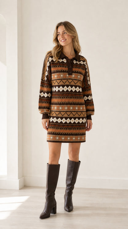 Front full-length view of model wearing brown geometric pattern polo neck sweater dress with tall black boots