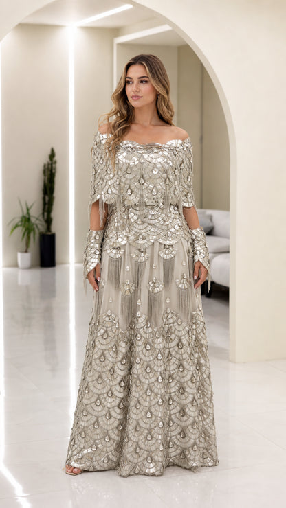 Champagne Silver off-shoulder beaded fringe evening gown front view