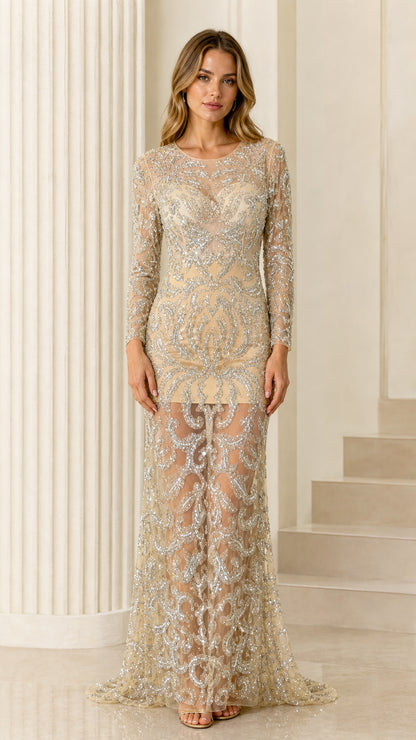 Champagne long sleeve sequin illusion evening gown front view