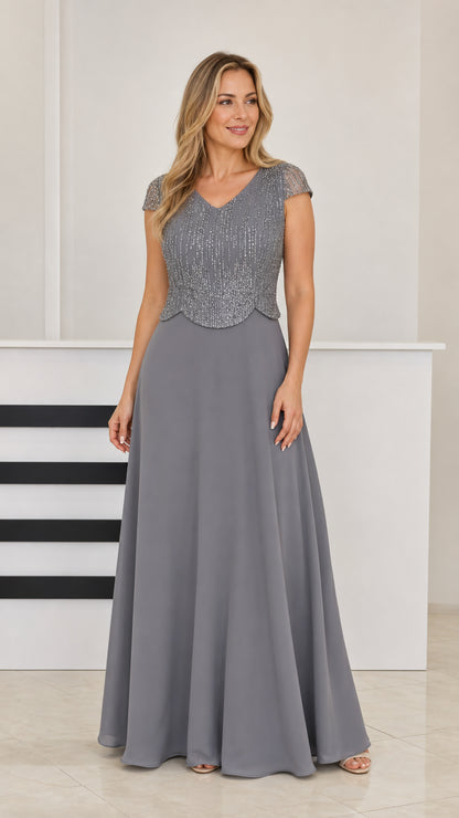 Front view of woman wearing Slate Gray beaded V-neck A-line evening gown