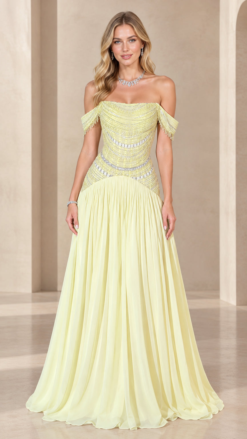 Full-length front view of pastel yellow off-the-shoulder beaded chiffon evening gown